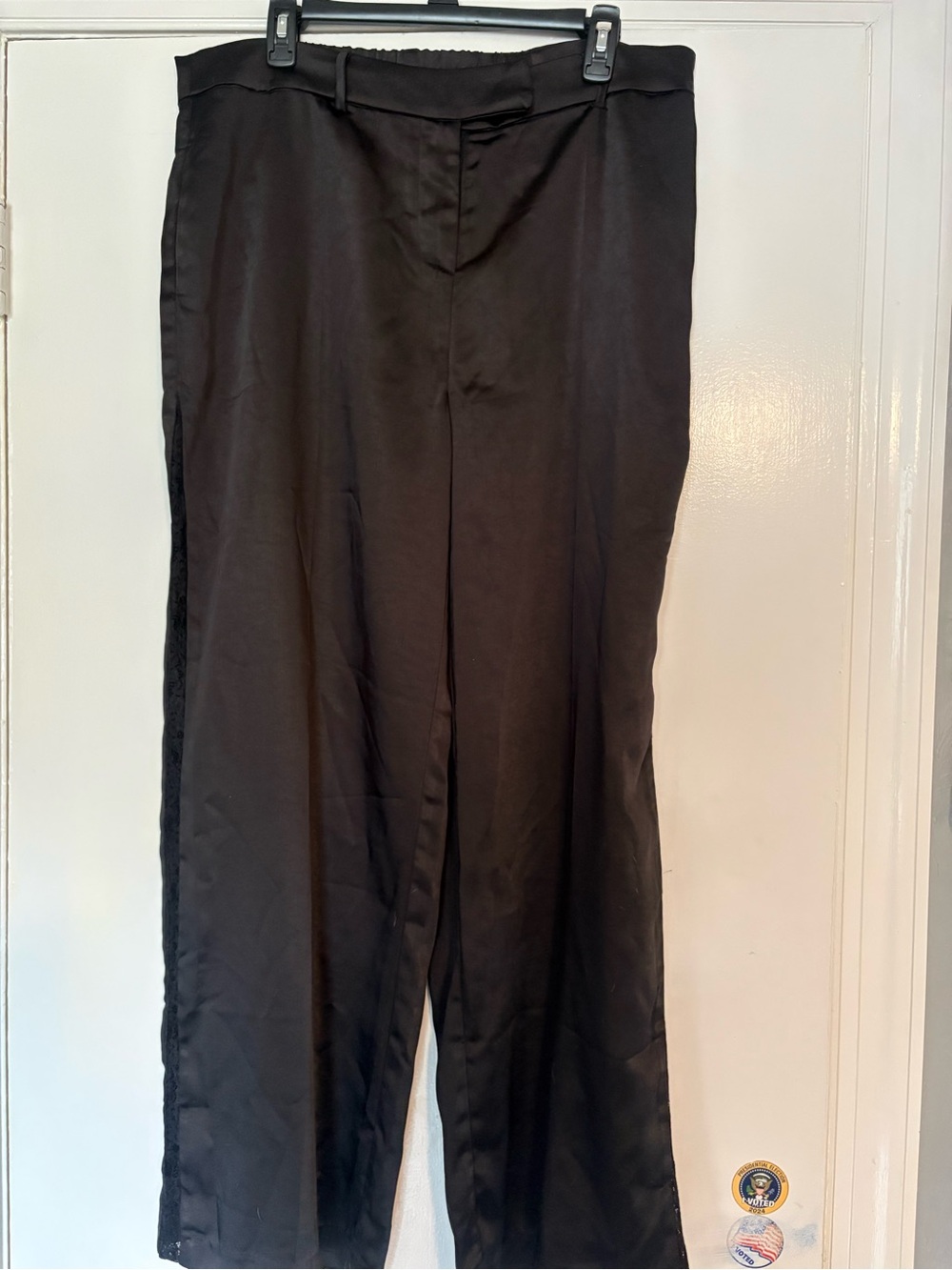Skies Are Blue XL Black Satin Pants Lace Side Stripe Dress Pants